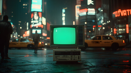 Stack of Vintage TV Monitors with Green Screens in New York Center – Retro Urban Display