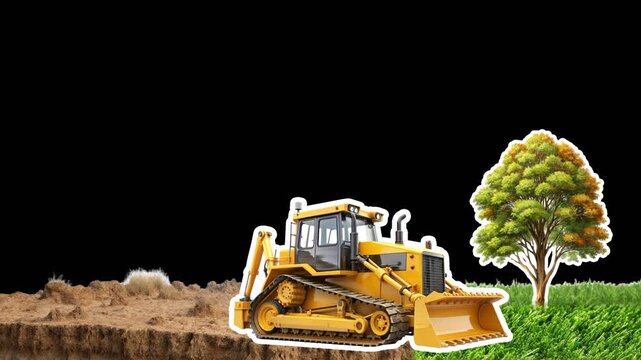 A yellow bulldozer drives through a forest and uproots trees, leaving behind a barren, empty land. Nature destruction concept.