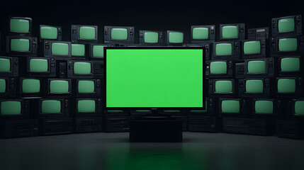 Stack of Vintage Classical TV Monitors with Green Screens – Retro Technology Display