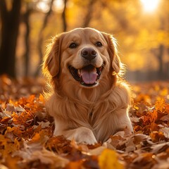 Golden retriever in fall leaves