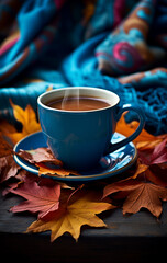 Cup of coffee with autumn leaves