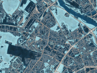 Painterly Style City Map of Bielany, Poland in a Blue Color Scheme.