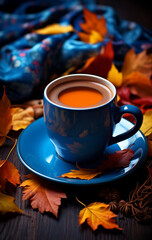 Cup of coffee with autumn leaves
