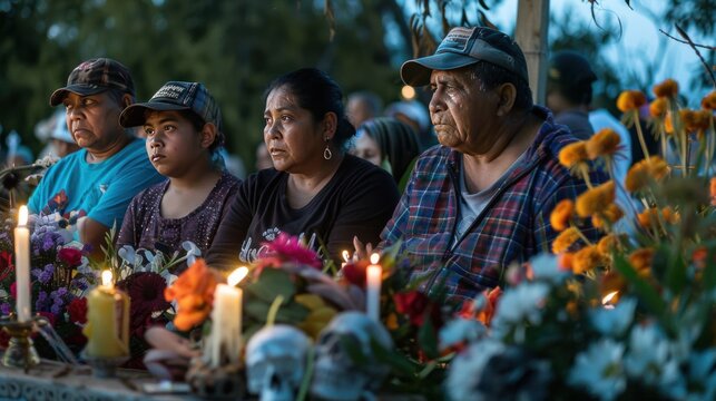 Family gathering around an altar with flowers. candles during a memorial celebration. All Souls' Day