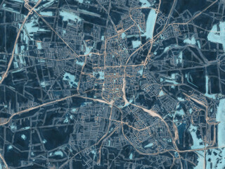 Painterly Style City Map of Czestochowa, Poland in a Blue Color Scheme.