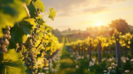 Fototapeta premium A vineyard with hanging grapes, sunset, and a foreground of flowers