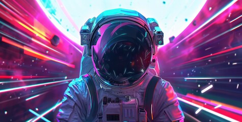 Astronaut in neon glow helmet. Cosmonaut spaceman in pink blue cosmos. Spacesuit with cyber laser ray beam. Retrowave cosmic adventure and exploration. Sci-fi future technology
