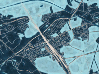 Painterly Style City Map of Kedzierzyn-Kozle, Poland in a Blue Color Scheme.