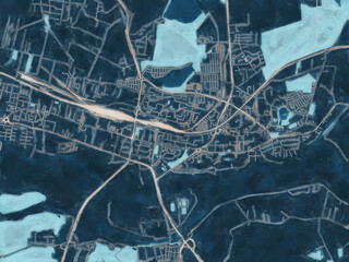 Painterly Style City Map of Konin, Poland in a Blue Color Scheme.