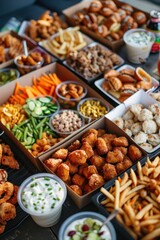 Abundant Home Party Food Spread on Table. The Tailgate/Watch Party Snackle Box