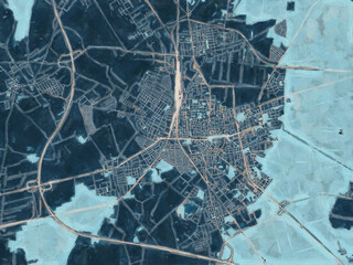 Painterly Style City Map of Leszno, Poland in a Blue Color Scheme.