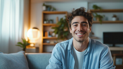 Obraz premium Man with wavy hair recording video at home office – content creation with ring light, hard lighting, and high contrast in a minimalist environment.