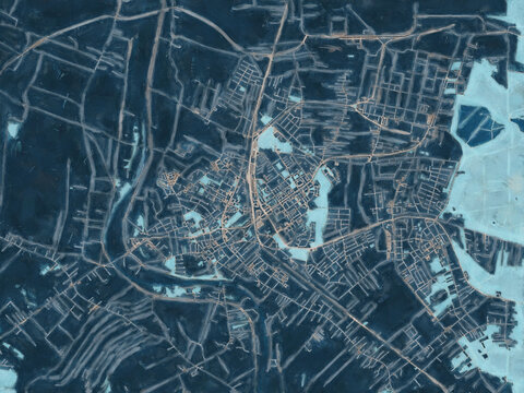 Painterly Style City Map of Mielec, Poland in a Blue Color Scheme.