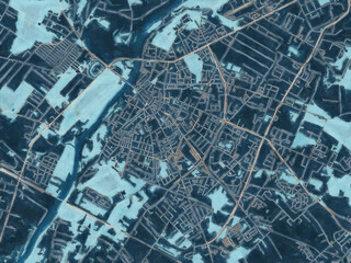 Painterly Style City Map of Ostroleka, Poland in a Blue Color Scheme.