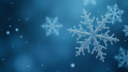 Close-up of a delicate snowflake on a blue winter background. Space for text.