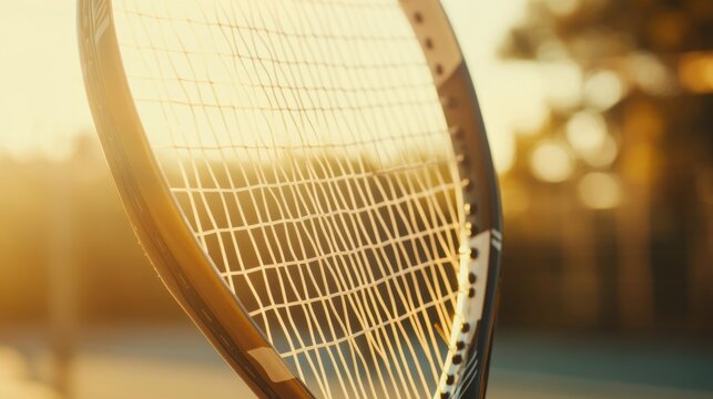 A tennis racket handle with focus on the grip tape, outdoor setting with soft sunlight, Classic style