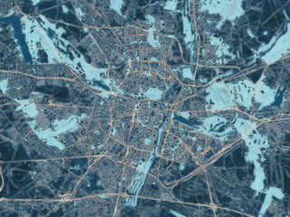 Painterly Style City Map of Poznan, Poland in a Blue Color Scheme.