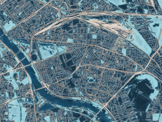 Painterly Style City Map of Pragaudnie, Poland in a Blue Color Scheme.