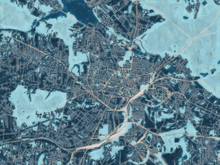 Painterly Style City Map of Rybnik, Poland in a Blue Color Scheme.