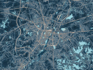 Painterly Style City Map of Rzeszow, Poland in a Blue Color Scheme.