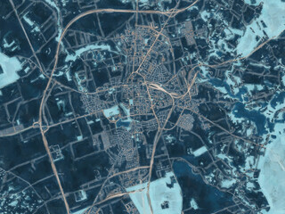 Painterly Style City Map of Suwalki, Poland in a Blue Color Scheme.