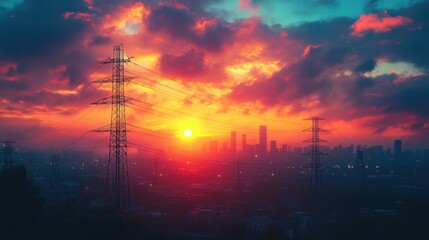 Vibrant Sunset Over Urban Skyline with Silhouetted Lines Specialist in Local Energy Supply Systems