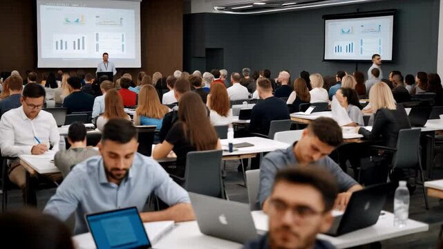 business training seminar education lecture staff meeting or workshop motion, abstract people group siting in auditorium learning listening to presentation