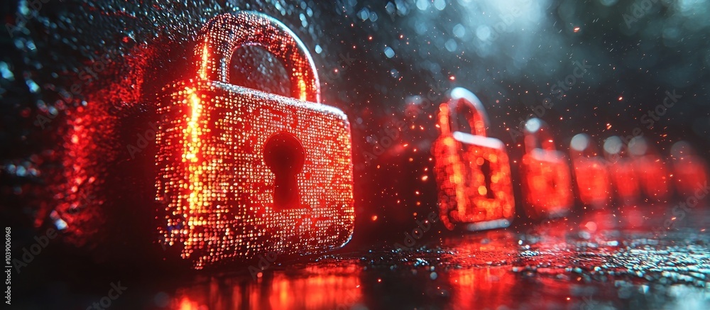 Poster Red Glowing Padlock with Binary Code and Sparks