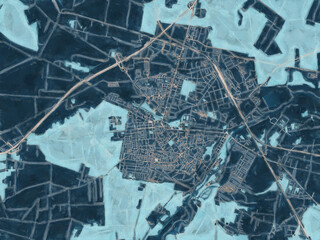 Painterly Style City Map of Tomaszow Mazowiecki, Poland in a Blue Color Scheme.