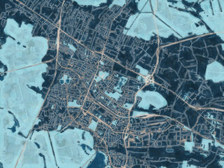 Painterly Style City Map of Tychy, Poland in a Blue Color Scheme.