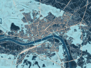 Painterly Style City Map of Torun, Poland in a Blue Color Scheme.