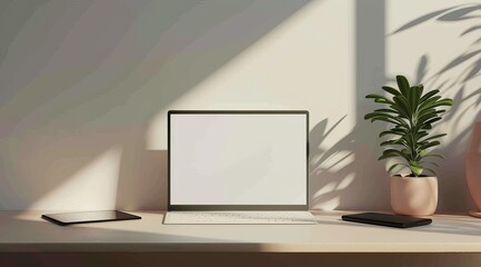 Mockup laptop desktop. Mock up pc monitor on table. Business workspace with empty space display. Computer monitor in creative modern interior