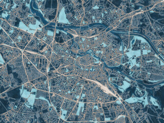 Painterly Style City Map of Wroclaw, Poland in a Blue Color Scheme.