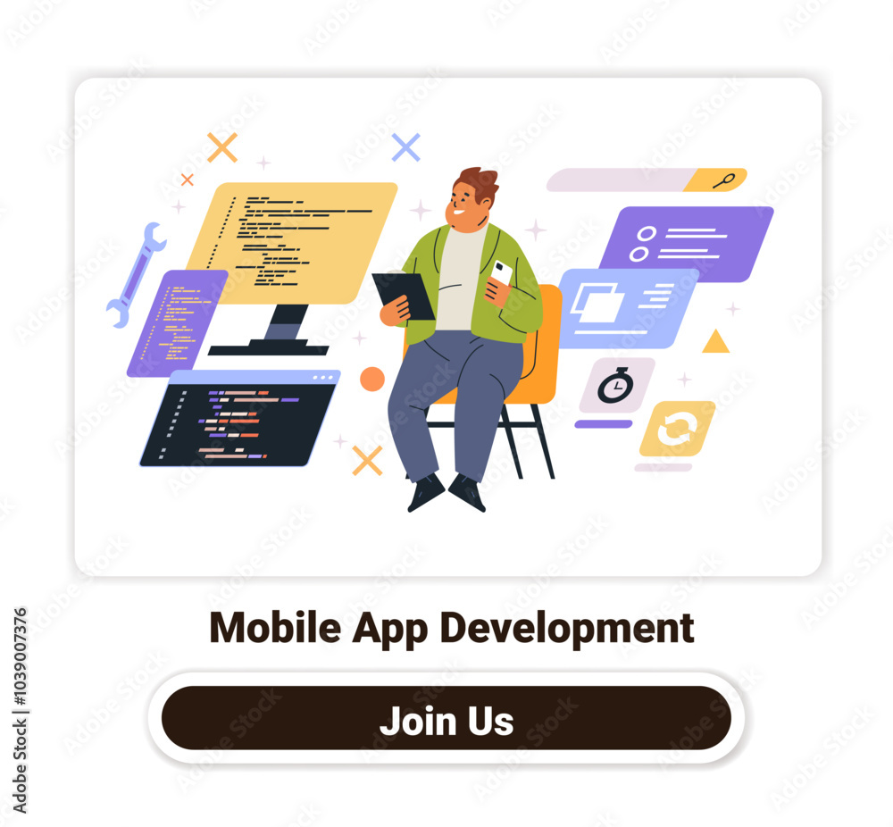 Poster mobile app development concept person coding digital tools colorful interface technology workspace d