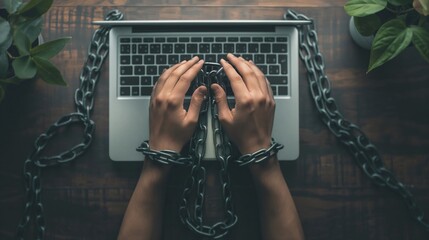Hands chained to a laptop surrounded by plants, symbolizing digital addiction or online confinement in a home setting