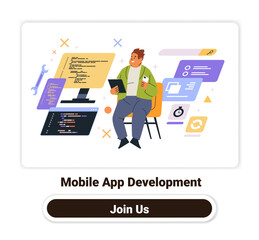 Mobile app development concept person coding digital tools colorful interface technology workspace design