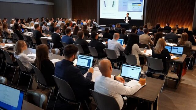 business training seminar education lecture staff meeting or workshop motion, abstract people group siting in auditorium learning listening to presentation