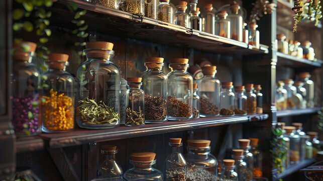 A close-up of a shelf filled with glass jars, containing various dried herbs and ingredients, in a dimly lit apothecary.