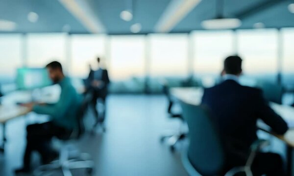 Modern Business office with blurred people, with blurred bokeh background. Modern open space office interior or call centre with blurred business people.