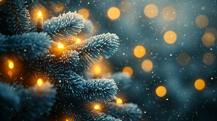 Fototapeta premium Close-up of Christmas tree with twinkling white lights casting warm glow.