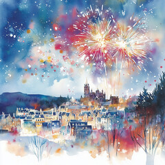 Fototapeta premium Festive fireworks over winter cityscape.