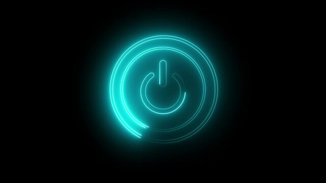 Neon glowing cyan color  power button icon animated on a black background ,The appearance of neon symbol power off ,alpha channel .
