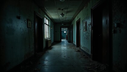 Fototapeta premium Chilling abandoned asylum with creepy hallways and unsettling shadows in a deserted environment