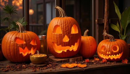 Pumpkin carving contest with artistic designs and glowing jack-o'-lanterns in autumn setting