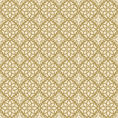 Fototapeta premium Vector golden ornamental seamless pattern in oriental style. Abstract gold geometric ornament texture in traditional islamic, arabian, moroccan style. Luxury vintage repeatable floral geo background