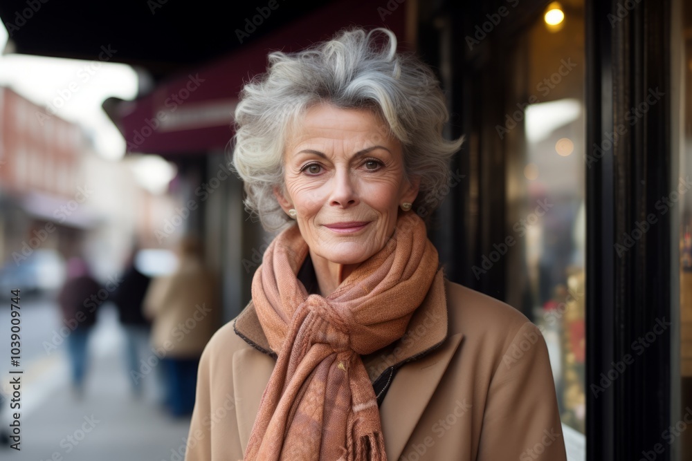 Sticker Portrait of a senior woman in a coat and scarf on the street