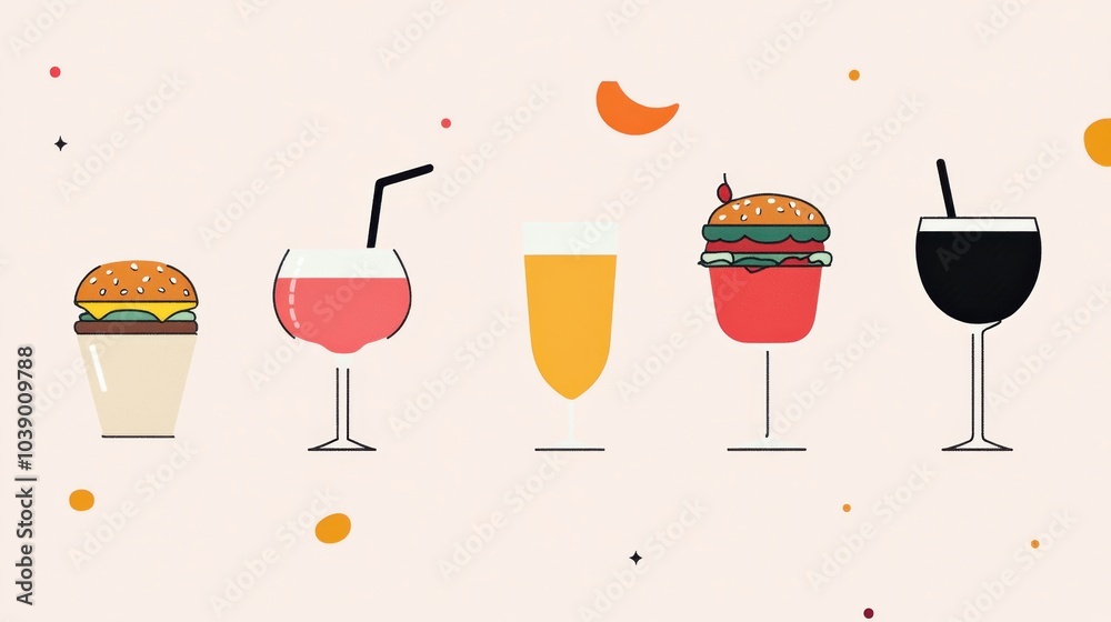 Poster a vibrant display of various drinks paired with colorful burgers creates a playful atmosphere ideal 