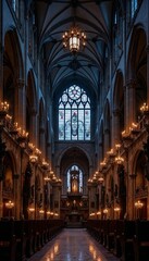 Fototapeta premium Gothic cathedral adorned with Halloween decor, flickering candles, and eerie lighting