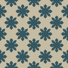 Vector seamless pattern in retro vintage style. Simple geometric floral ornament. Abstract background texture with bold flower silhouettes, sun, repeat tiles. Teal green and gold. Repeated geo design