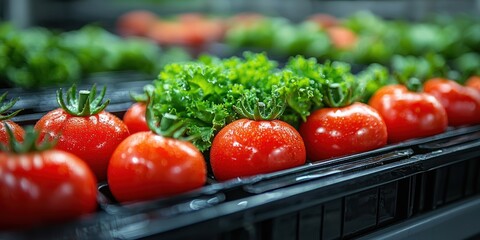 Close-up of Fresh Tomatoes and Green Leafy Vegetables in a Black Tray
